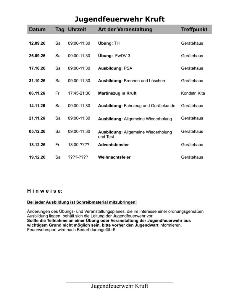  bungsplan Der Jugendfeuerwehr Freiwillige Feuerwehr Kruft